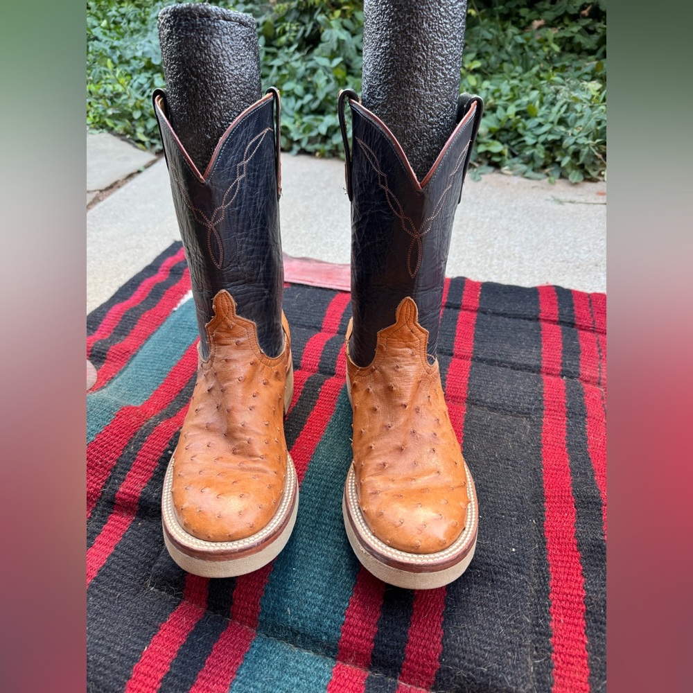 Anderson Bean Two-Tone Brown and Black Ostrich Print Western Boots